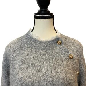 INDIE + MOI Gray Sweater with Gold Button Details and Lace Neckline size M/L